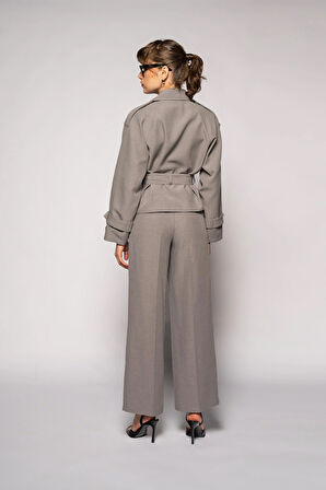 Kadın Gri Çift Pileli Oversize Pantolon