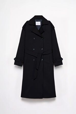 Kadın Lacivert Kemerli Uzun Trençkot