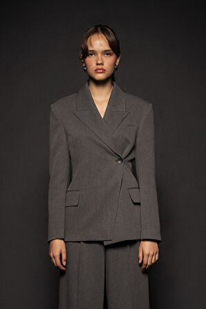 Kadın Antrasit Asimetrik Kruvaze Blazer