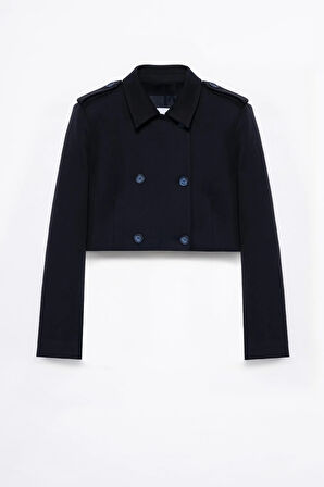 Kadın Lacivert Apolet Detaylı Crop Blazer
