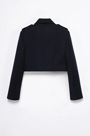 Kadın Lacivert Apolet Detaylı Crop Blazer