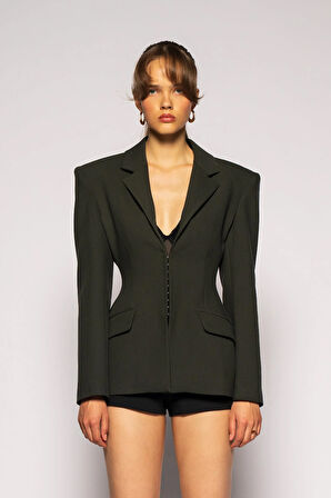 Kadın Koyu Haki Agraflı Bele Oturan Blazer