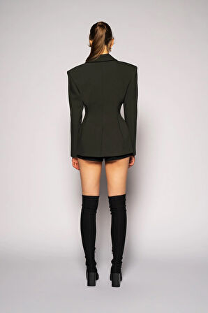 Kadın Koyu Haki Agraflı Bele Oturan Blazer