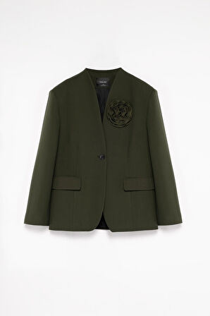 Kadın Açık Haki Gül Detaylı Yakasız Blazer