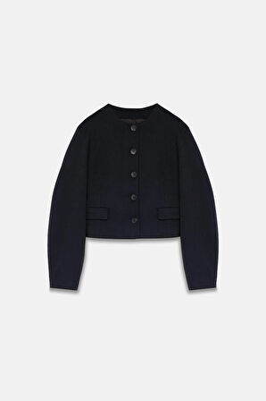 Kadın Lacivert Balon Kol Crop Blazer