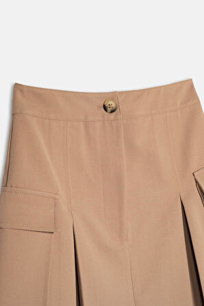 Kadın Camel Kargo Cepli Pileli Mini Etek