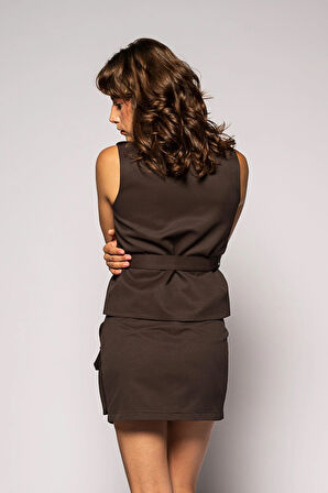 Kadın Koyu Kahve Cepli Gabardin Mini Etek