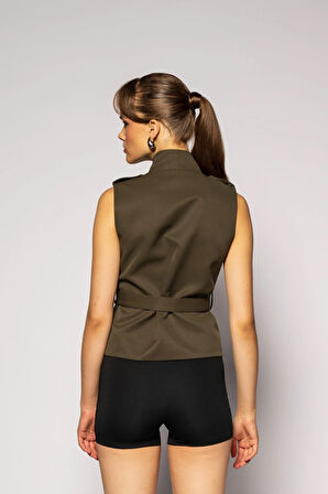 Kadın Haki Dik Yakalı Apoletli Kemerli Yelek