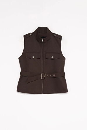 Kadın Koyu Kahve Dik Yakalı Apoletli Kemerli Yelek