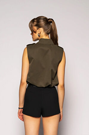 Kadın Haki Gömlek Yaka Beli Lastikli Yelek