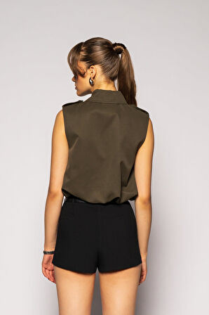 Kadın Haki Gömlek Yaka Beli Lastikli Yelek
