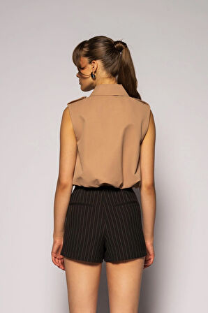 Kadın Camel Gömlek Yaka Beli Lastikli Yelek