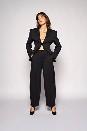 Kadın Lacivert Derin Pileli Varil Pantolon