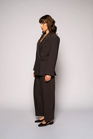 Kadın Kahverengi Derin Pileli Varil Pantolon