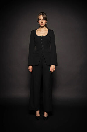 Kadın Siyah Bol Paça Pileli Pantolon