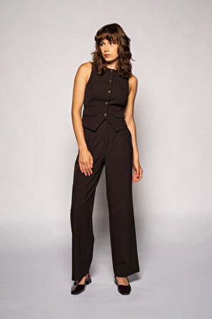 Kadın Koyu Kahve Bol Paça Pileli Pantolon