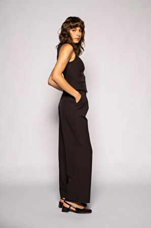 Kadın Koyu Kahve Bol Paça Pileli Pantolon