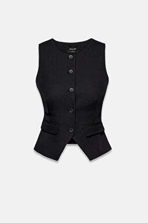 Kadın Siyah Bisiklet Yaka Çift Cepli Fit Yelek