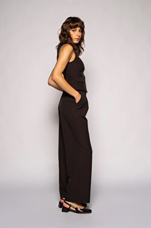 Kadın Koyu Kahve Bisiklet Yaka Çift Cepli Fit Yelek