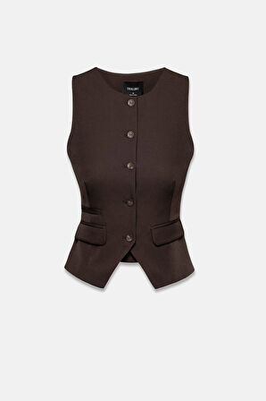Kadın Koyu Kahve Bisiklet Yaka Çift Cepli Fit Yelek
