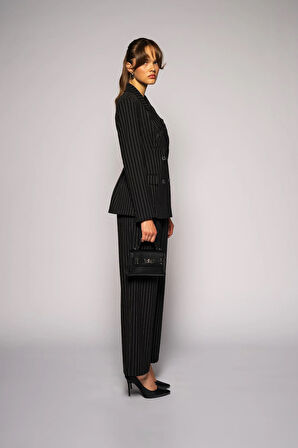 Kadın Siyah Yüksek Bel Çizgili Bol Paça Pantolon