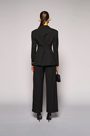 Kadın Siyah Yüksek Bel Çizgili Bol Paça Pantolon