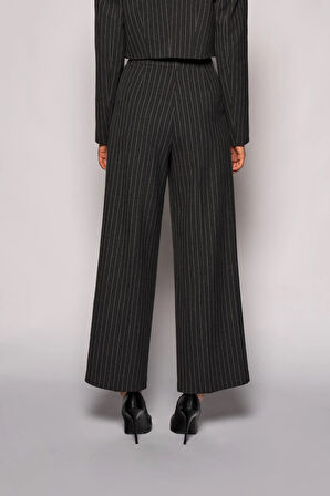 Kadın Antrasit Yüksek Bel Çizgili Bol Paça Pantolon
