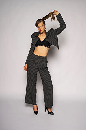Kadın Antrasit Yüksek Bel Çizgili Bol Paça Pantolon