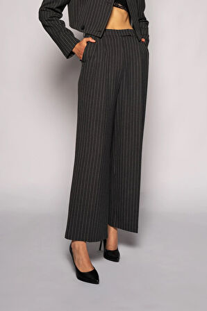 Kadın Antrasit Yüksek Bel Çizgili Bol Paça Pantolon