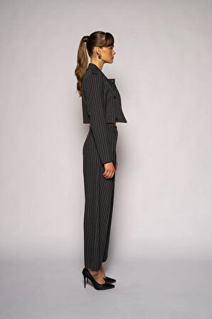 Kadın Antrasit Yüksek Bel Çizgili Bol Paça Pantolon