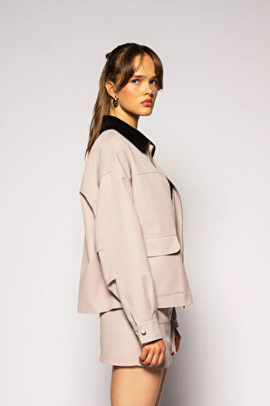 Kadın Bej Kadife Yaka Gabardin Ceket