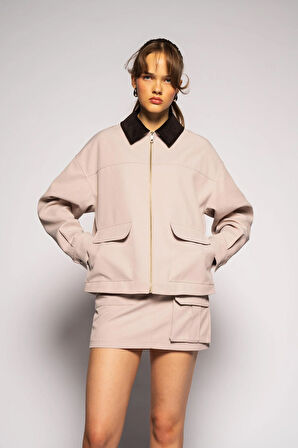 Kadın Bej Kadife Yaka Gabardin Ceket