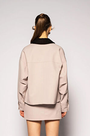 Kadın Bej Kadife Yaka Gabardin Ceket