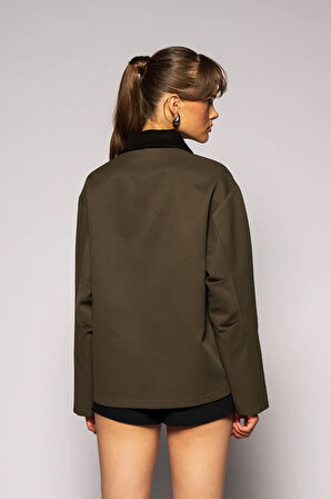 Kadın Haki Kadife Yaka Fleto Cepli Gabardin Ceket