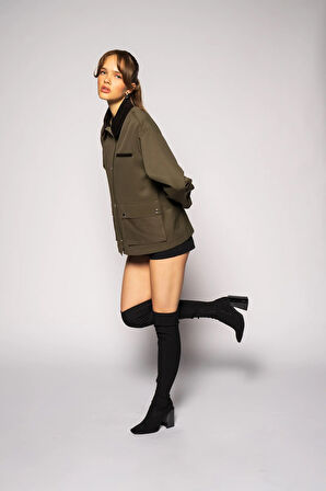 Kadın Haki Kadife Yaka Fleto Cepli Gabardin Ceket