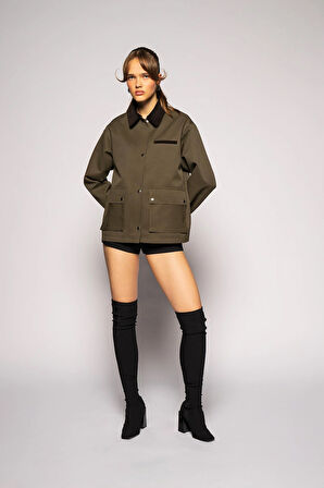Kadın Haki Kadife Yaka Fleto Cepli Gabardin Ceket