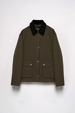 Kadın Haki Kadife Yaka Fleto Cepli Gabardin Ceket