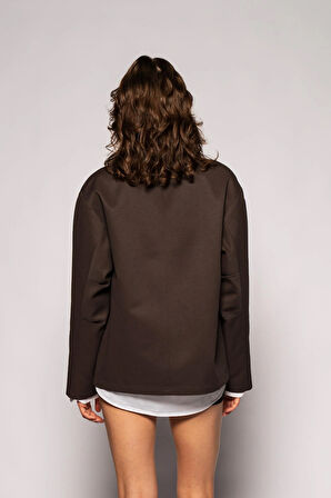 Kadın Koyu Kahve Kadife Yaka Fleto Cepli Gabardin Ceket