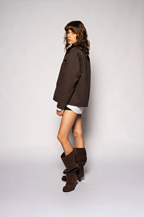 Kadın Koyu Kahve Kadife Yaka Fleto Cepli Gabardin Ceket