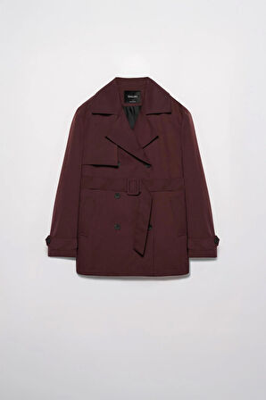 Kadın Bordo Kemerli Kısa Trençkot