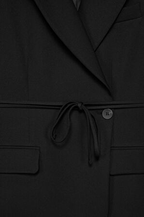 Kadın Siyah Bağcıklı Dokuma Blazer