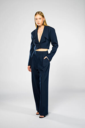 Kadın Lacivert Geniş Yaka Crop Blazer