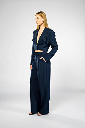Kadın Lacivert Geniş Yaka Crop Blazer