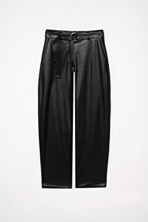 Kadın Siyah Deri Varil Pantolon