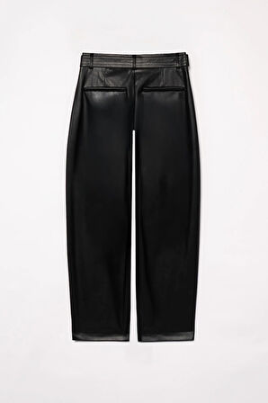 Kadın Siyah Deri Varil Pantolon