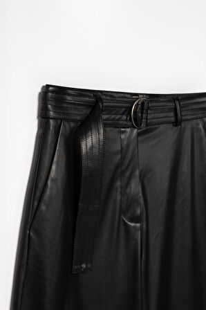 Kadın Siyah Deri Varil Pantolon