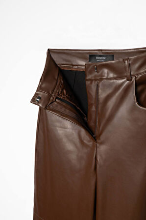 Kadın Kahverengi Bol Paça Deri Pantolon