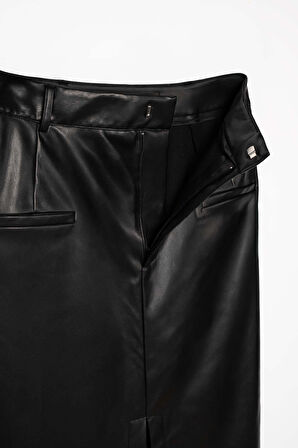 Kadın Siyah Deri Cepli Kalem Etek