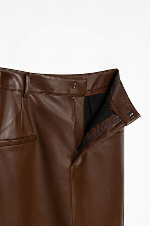 Kadın Kahverengi Deri Cepli Kalem Etek