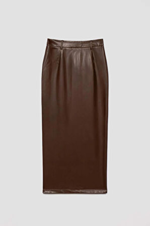 Kadın Kahverengi Deri Cepli Kalem Etek